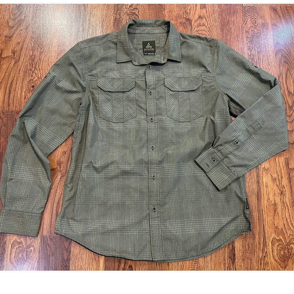 prAna Citadel Long Sleeve Button Down Shirt Men’s Large Green Plaid Casual
